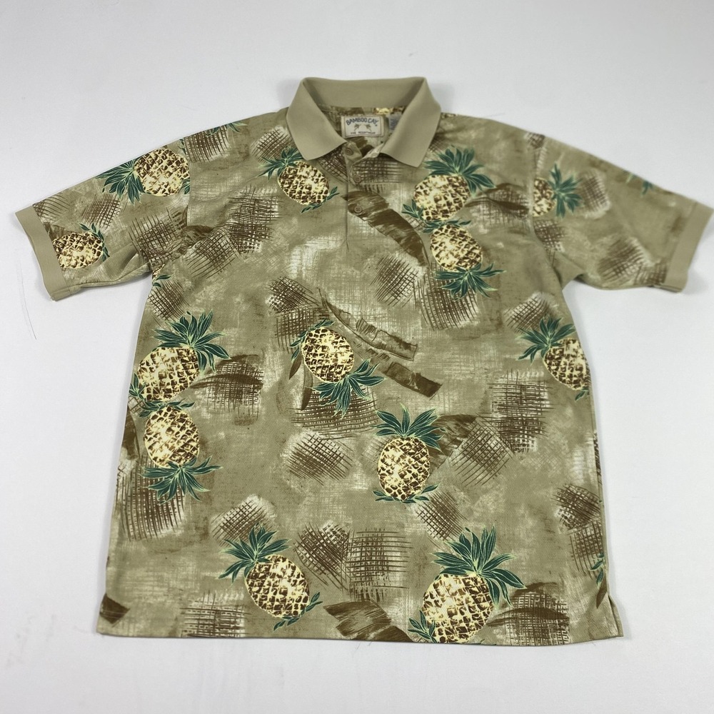 Bamboo Cay Polo‎ Shirt Mens Large Tan Pineapple Hawaiian Aloha Resort Tropical